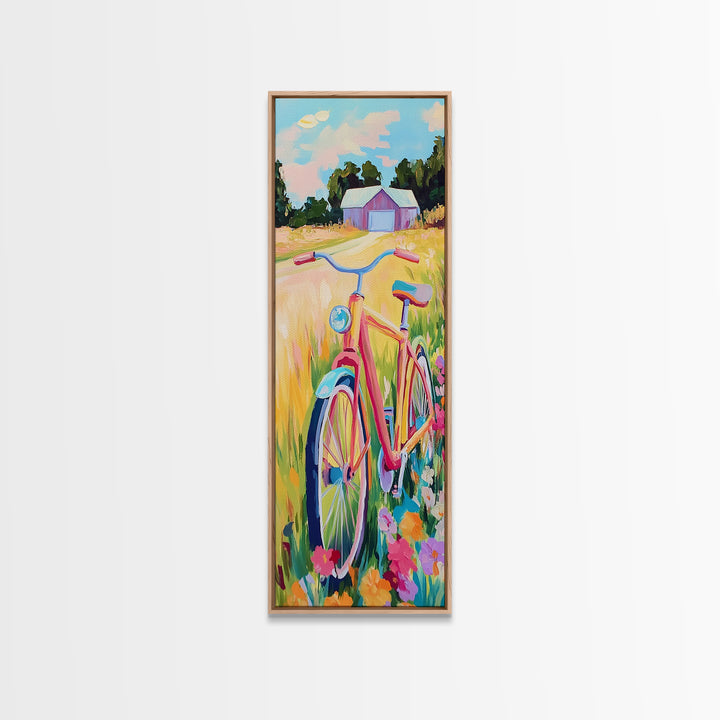 Pink Bicycle In Wildflower Meadow Wall Art, Rustic Country Canvas Print, Farmhouse Decor, Summer Landscape Art Gift For Her