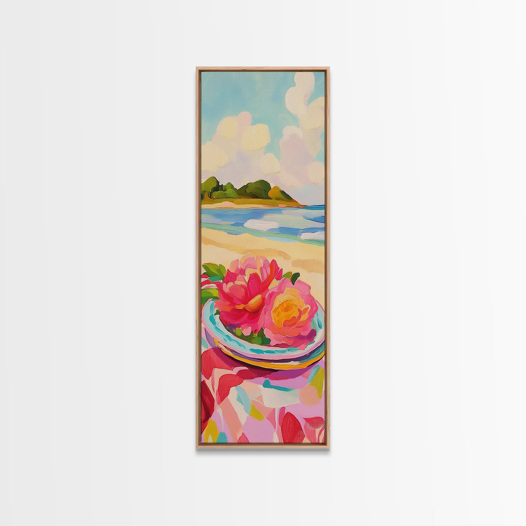 Pink Flowers On Sunny Beach Canvas Print, Coastal Seascape Wall Art, Feminine Summer Decor For Bedroom And Living Room Gift
