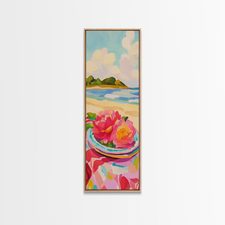 Pink Flowers On Sunny Beach Canvas Print, Coastal Seascape Wall Art, Feminine Summer Decor For Bedroom And Living Room Gift