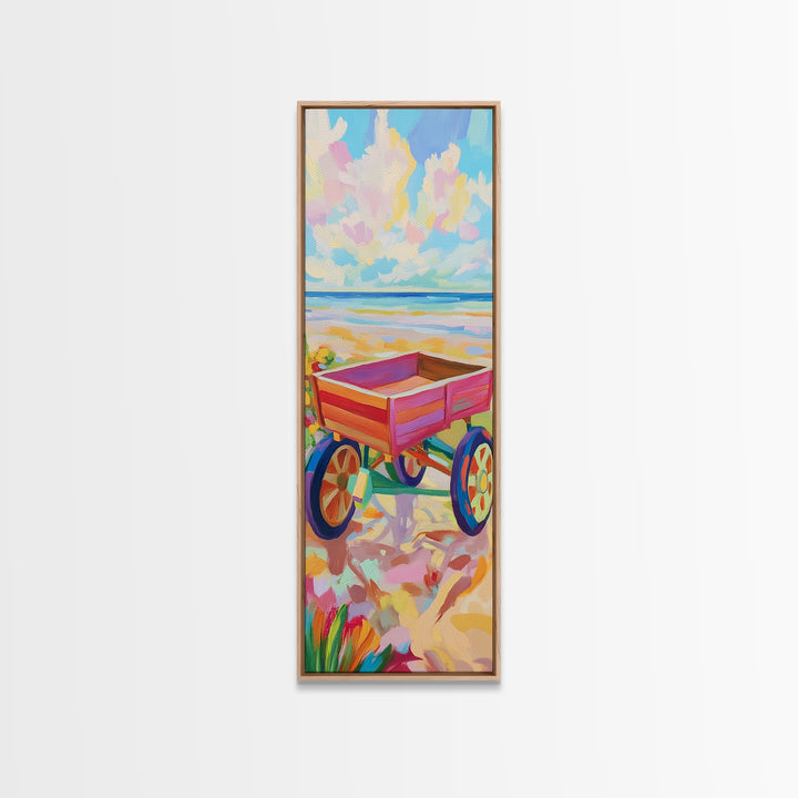 Red Beach Wagon At Shore Canvas Print, Coastal Wall Art, Summer Beach House Room Decor, Nautical Nursery Art, Gift For Kids