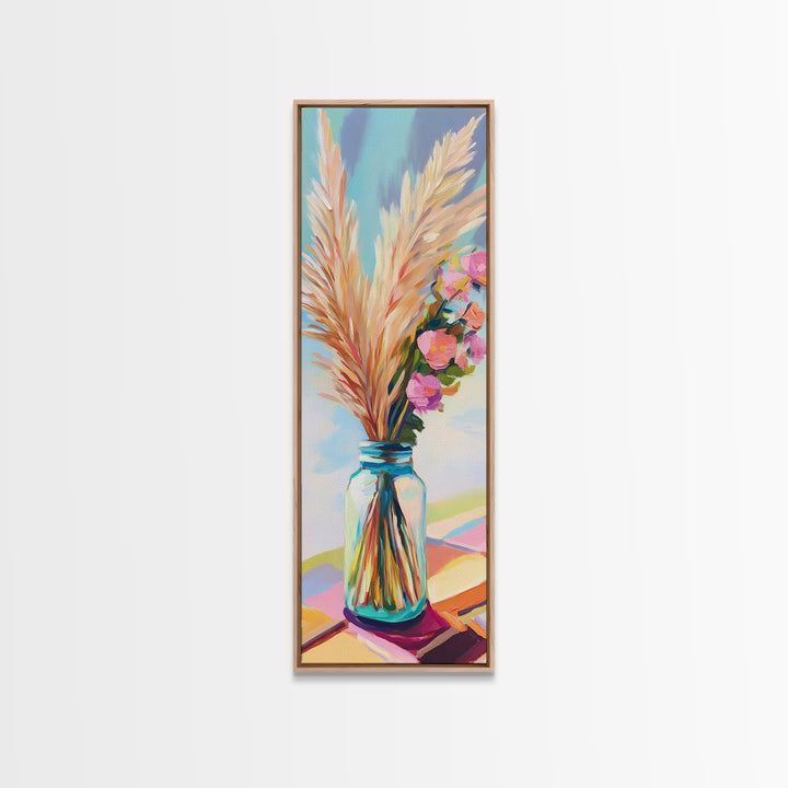 Pampas Grass In Blue Mason Jar Canvas Print, Boho Floral Wall Art, Neutral Home Decor, Rustic Bedroom Decor, Gift For Her