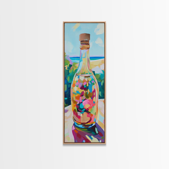 Colorful Sea Glass Bottle On Sunny Beach Wall Art, Coastal Canvas Wall Art, Beach House Decor, Vibrant Kitchen Art Print
