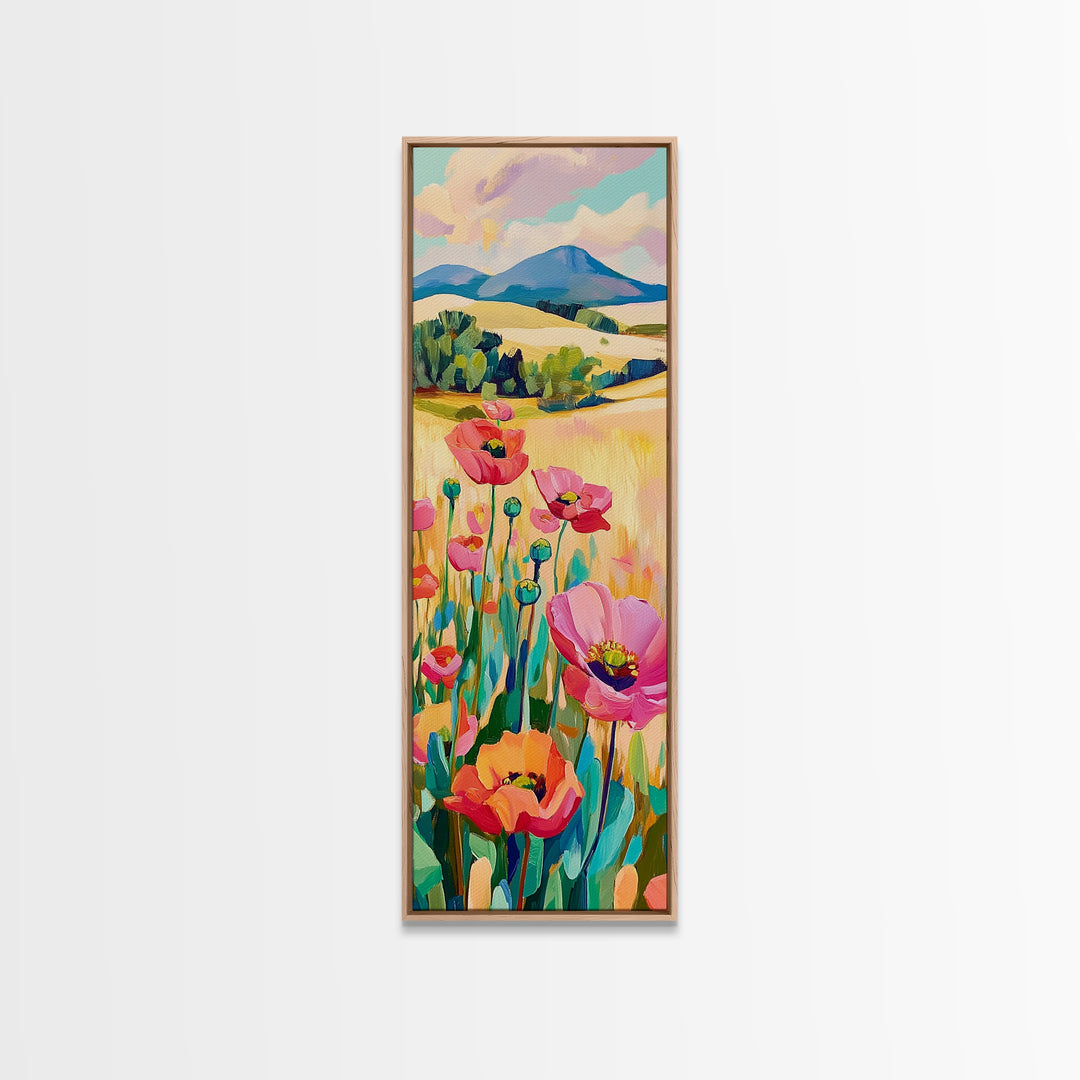Pink Poppy Field Landscape Wall Art, Colorful Nature Canvas Print, Farmhouse Decor, Mountain Wall Art, Housewarming Gift