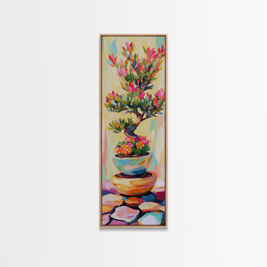 Flowering Bonsai Tree In Teal Pot Framed Canvas Print, Japandi Wall Art, Zen Home Decor, Botanical Decor, Housewarming Gift