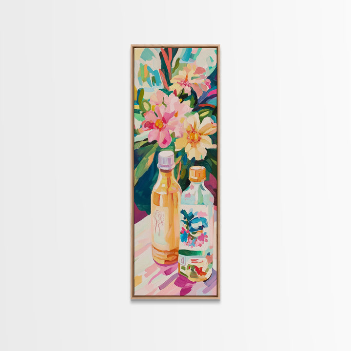 Tropical Flowers And Bottles Wall Art, Colorful Kitchen Canvas Print, Botanical Bar Cart Decor, Summer Dining Room Art Print