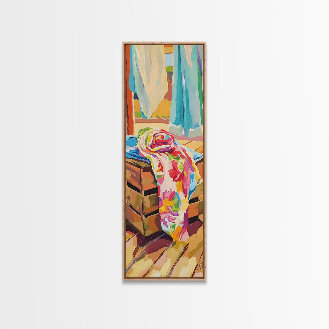 Beach Towels On Sunlit Chair Framed Canvas Print, Coastal Home Decor, Summer Beach House Art, Colorful Bathroom Wall Art