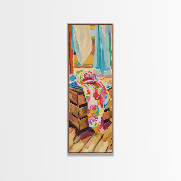 Beach Towels On Sunlit Chair Framed Canvas Print, Coastal Home Decor, Summer Beach House Art, Colorful Bathroom Wall Art
