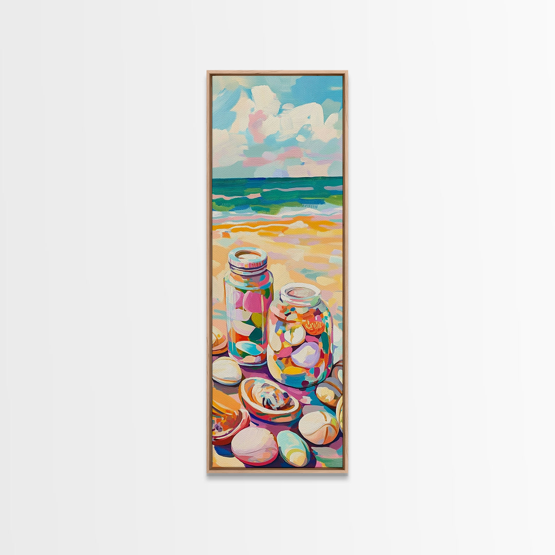 Beach Seashell Jars Canvas Print, Coastal Wall Art, Ocean Decor, Nautical Art Print, Beach House Living Room Decor Gift Idea