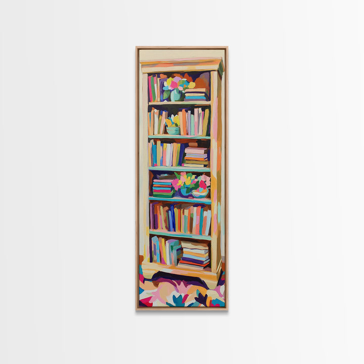 Tall Bookshelf And Flowers Canvas Print, Bookstore Wall Art, Library Decor, Book Lover Gift, Cozy Reading Nook Home Decor
