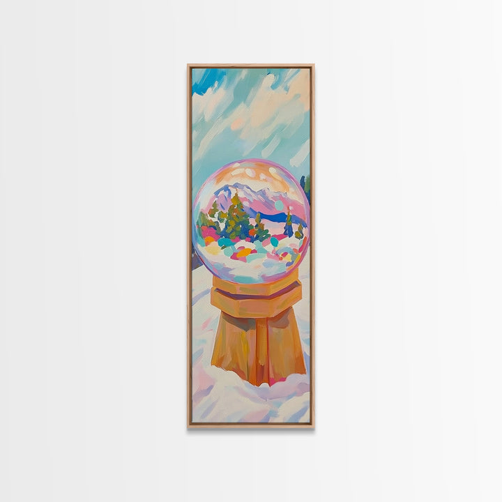 Mountain Snow Globe With Rainbow Winter Scene Framed Canvas Print, Whimsical Wall Art, Nursery Decor, Christmas Gift, Cozy Home Decor