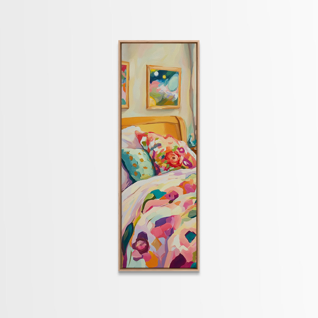 Floral Pillows On Cozy Bedroom Bed Framed Canvas Print, Romantic Wall Art, Bedroom Decor, Above Bed Art, Housewarming Gift
