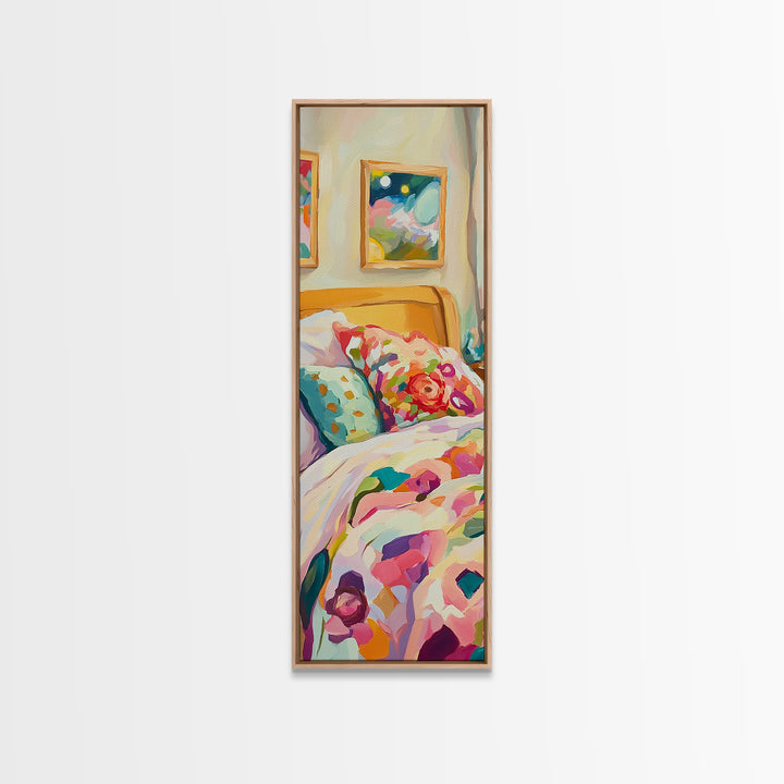 Floral Pillows On Cozy Bedroom Bed Framed Canvas Print, Romantic Wall Art, Bedroom Decor, Above Bed Art, Housewarming Gift