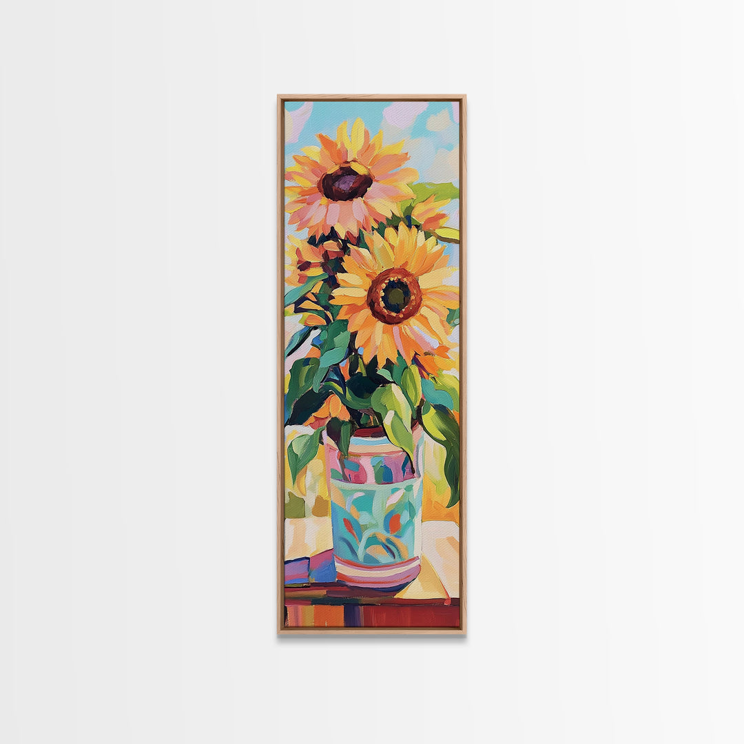 Bright Sunflowers In Patterned Vase Wall Art, Summer Floral Canvas Print, Farmhouse Kitchen Decor, Housewarming Gift For Her