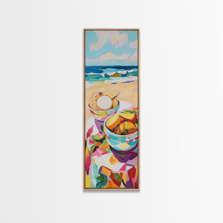 Beach Picnic Bowls And Seashell Painting, Coastal Canvas Print, Ocean Wall Art, Beach House Decor, Kitchen Art, Summer Decor