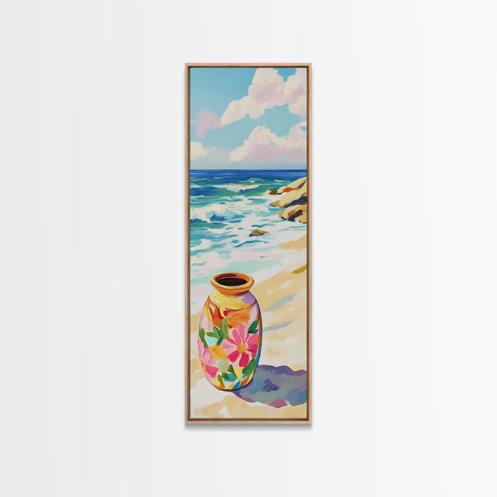 Floral Painted Vase On Sandy Beach Canvas Print, Coastal Wall Art, Ocean Decor, Tropical Flowers, Summer Housewarming Gift