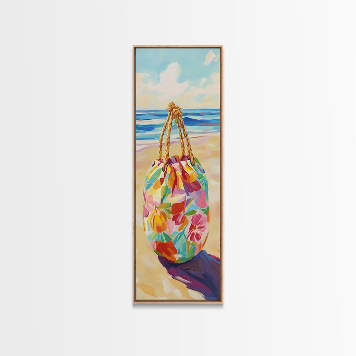Floral Beach Tote On Sunny Shore Canvas Print, Coastal Wall Art, Beach House Decor, Tropical Decor, Summer Travel Gift For Her
