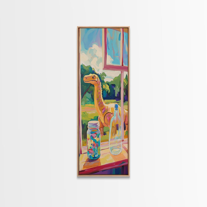 Whimsical Long Neck Dinosaur By Sunny Window Wall Art, Colorful Canvas Print, Kids Room Decor, Playful Nursery Art Print