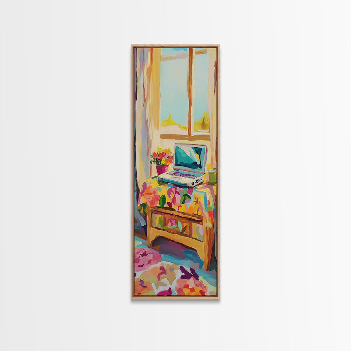 Cozy Laptop On Floral Bed Framed Canvas Print, Home Office Wall Art, Bedroom Decor, College Apartment Art For Guest Room