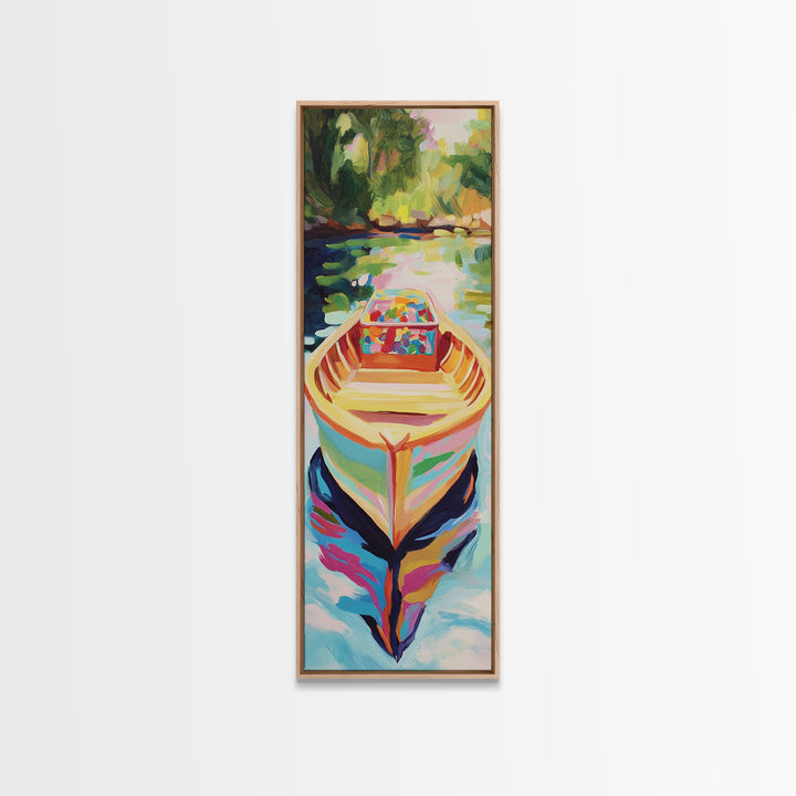 Colorful Rowboat On Sunlit River Wall Art, Coastal Lake Canvas, Bright Boho Home Decor, Living Room Art Print, Unique Housewarming Gift