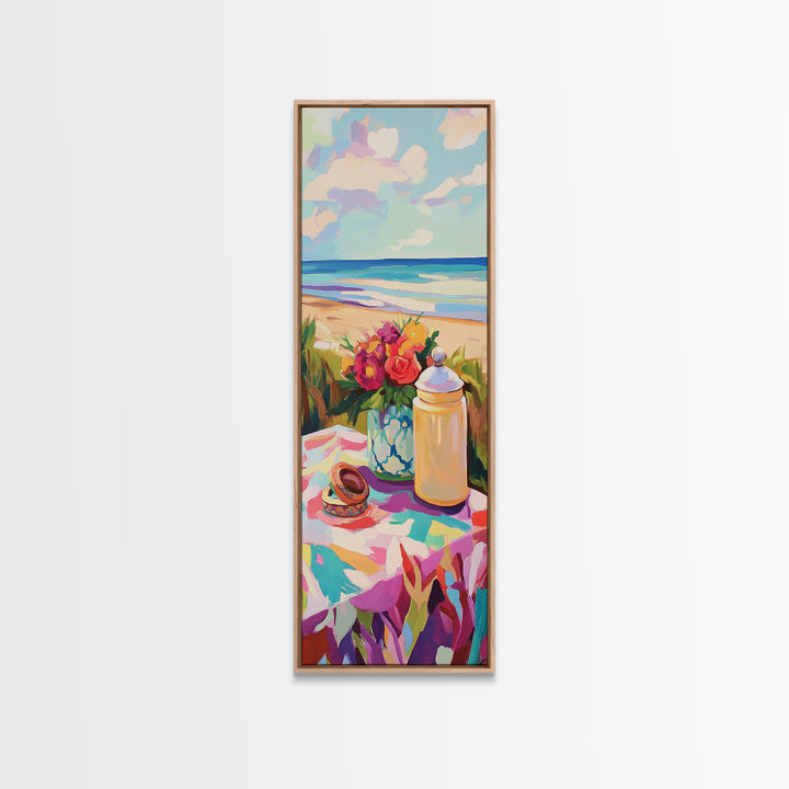 Beach Picnic Flowers And Shells Wall Art, Coastal Canvas Print, Ocean Living Room Decor, Beach House Art Gift For Her Decor