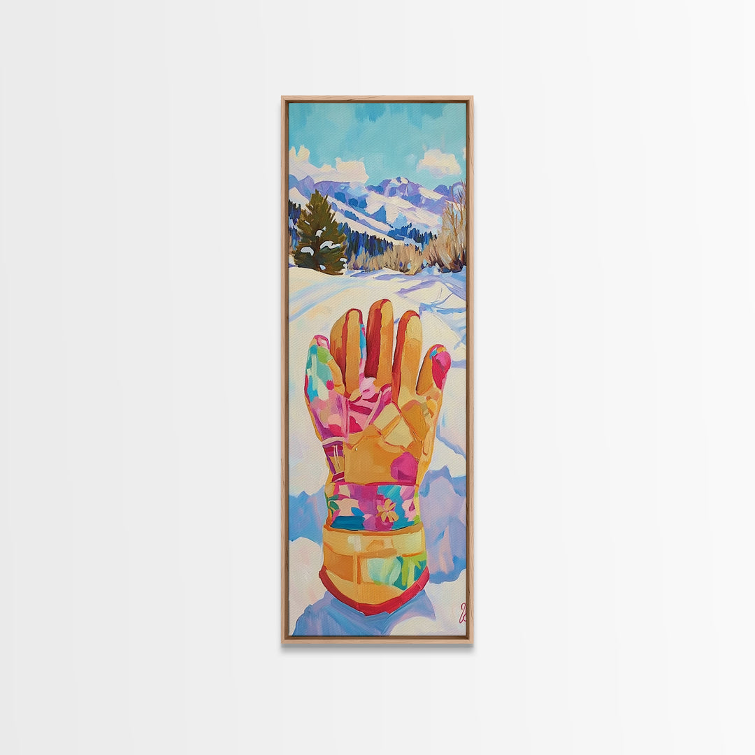 Colorful Winter Mitten In Snowy Mountain Landscape Wall Art, Ski Cabin Decor, Whimsical Kids Room Nursery Canvas Print Gift