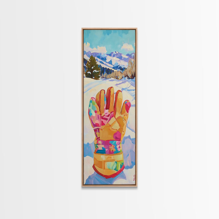 Colorful Winter Mitten In Snowy Mountain Landscape Wall Art, Ski Cabin Decor, Whimsical Kids Room Nursery Canvas Print Gift