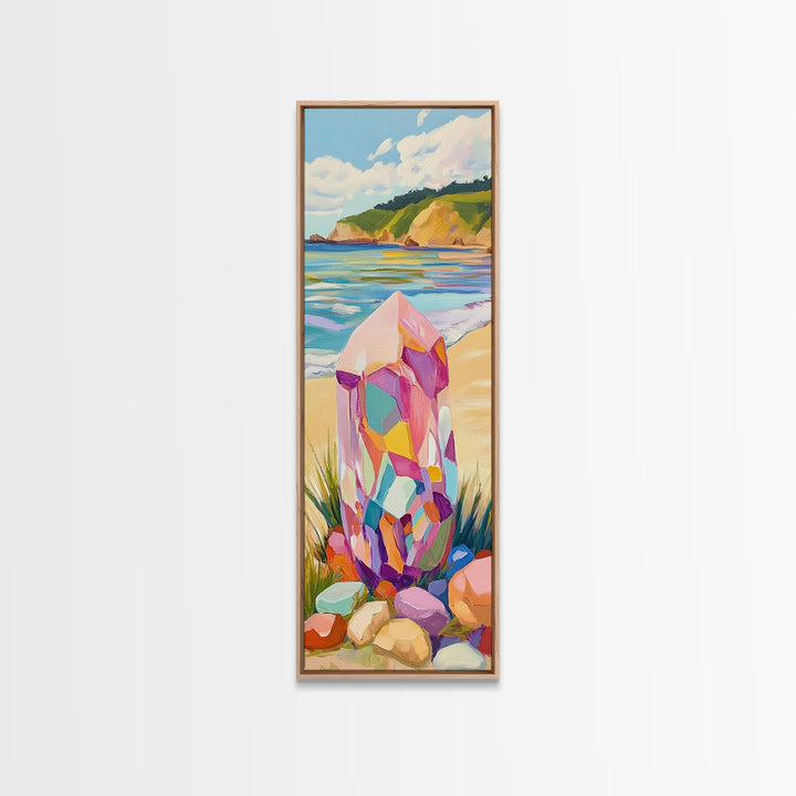 Rainbow Crystal Beach Canvas Print, Coastal Wall Art, Colorful Gemstone Decor, Ocean Landscape Print, Boho Beach House Gift