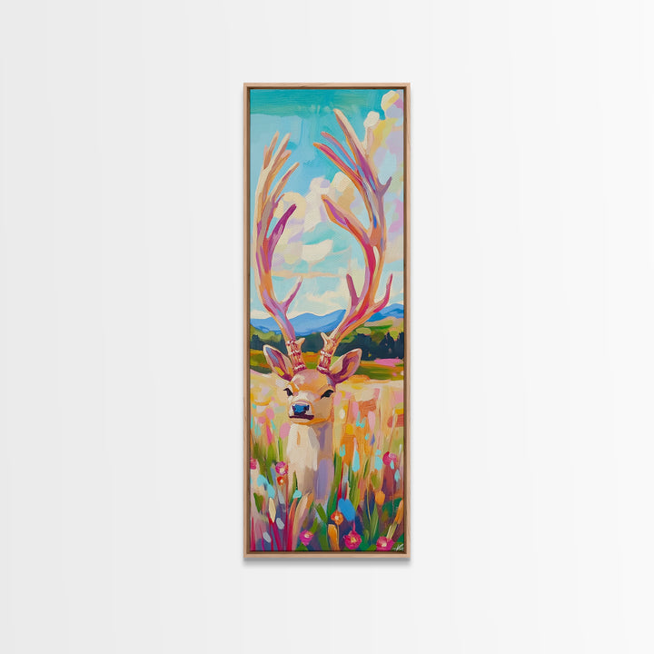 Whimsical Deer With Tall Antlers Canvas Print, Colorful Wildlife Wall Art, Meadow Landscape Decor, Rustic Nursery Gift, Animal Lover Gift