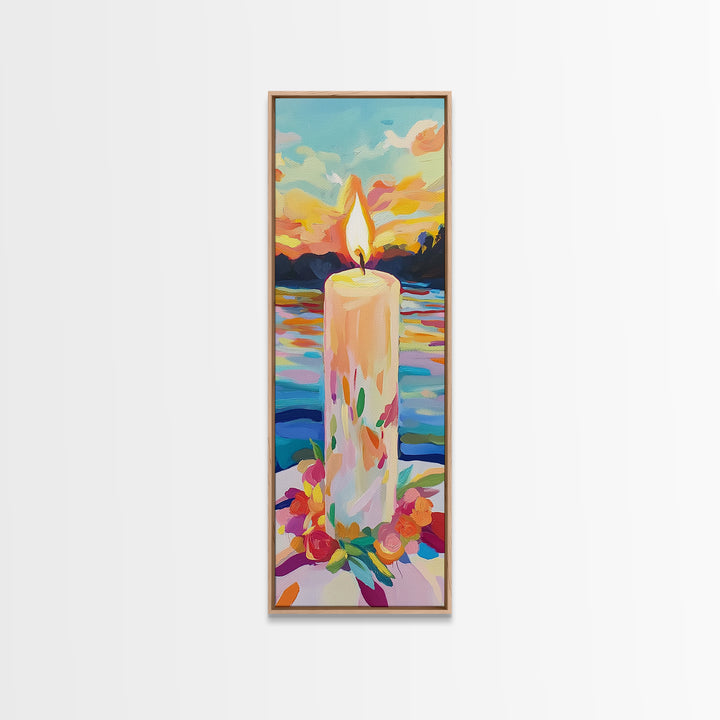 Floral Candle At Sunset Framed Canvas Print, Lake Landscape Wall Art, Cozy Spiritual Decor, Meditation Gift, Calming Print