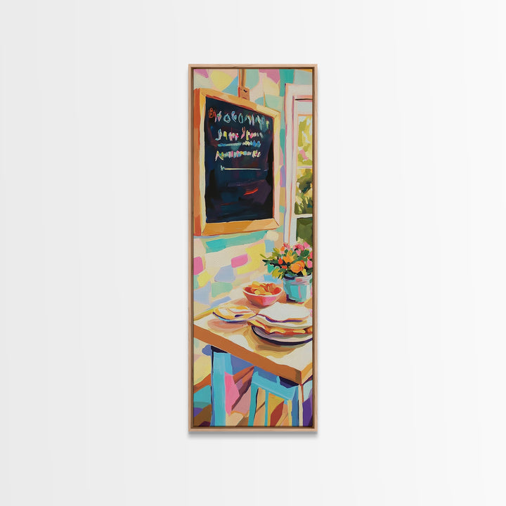 Cheerful Kitchen Table With Chalkboard Menu Wall Art, Breakfast Nook Canvas Print, Colorful Cafe Decor, Dining Room Print