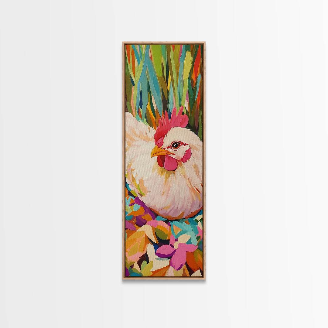 White Hen Among Tropical Leaves Framed Canvas Print, Colorful Animal Wall Art, Farmhouse Kitchen Decor, Whimsical Art Print