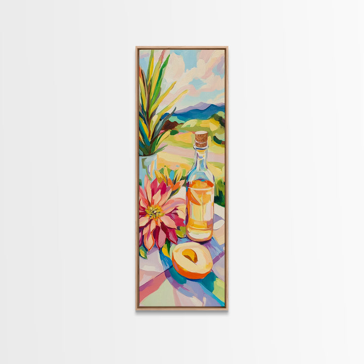 Sunlit Bottle With Flower And Citrus Framed Canvas Print, Mediterranean Kitchen Wall Art, Italian Decor, Landscape Art Print