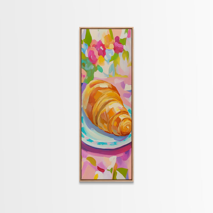 Golden Croissant On Floral Plate Canvas Print, French Bakery Wall Art, Modern Kitchen Decor, Patisserie Print, Food Lover Gift
