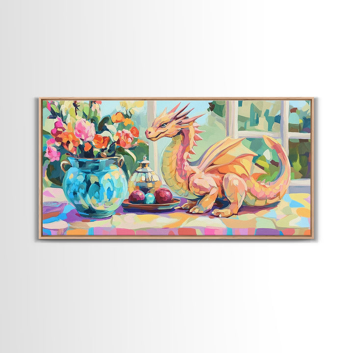 Whimsical Pink Dragon With Flowers Framed Canvas Print, Fantasy Wall Art, Nursery Decor, Girls Room Art, Unique Gift For Her