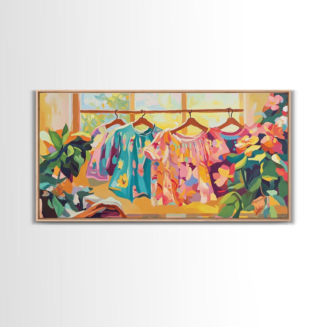 Bright Floral Dresses Hanging By Window Canvas Print, Fashion Wall Art, Feminine Wall Decor, Boutique Decor, Gift For Her