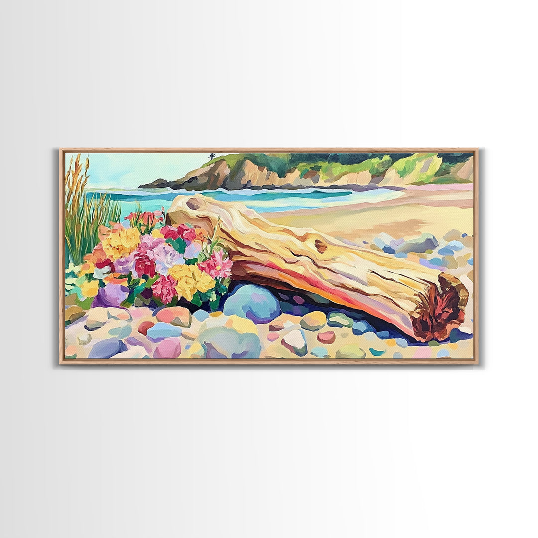 Driftwood Log And Wildflowers On Beach Framed Canvas Print, Coastal Wall Art, Seascape Art, Beach House Decor, Ocean Print