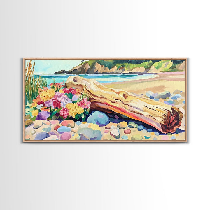 Driftwood Log And Wildflowers On Beach Framed Canvas Print, Coastal Wall Art, Seascape Art, Beach House Decor, Ocean Print