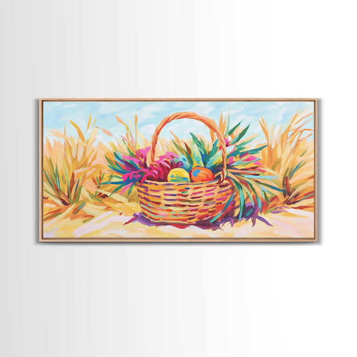 Beach Basket With Tropical Leaves Wall Art, Coastal Canvas Print, Summer Beach House Decor, Colorful Fruit Still Life Gift
