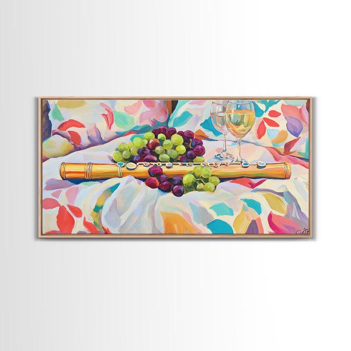 Golden Flute With Wine And Grapes Framed Canvas Print, Music Room Art, Winery Wall Art, Still Life, Dining Room Decor, Gift For Music Lover
