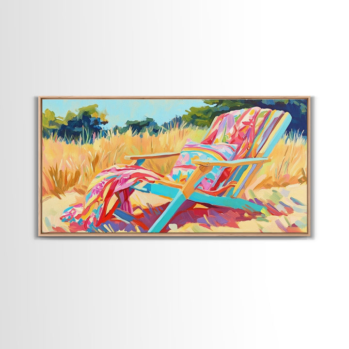 Colorful Beach Chair In Summer Grass Canvas Print, Coastal Wall Art, Beach House Decor, Summer Vibes, Relaxing Art Print