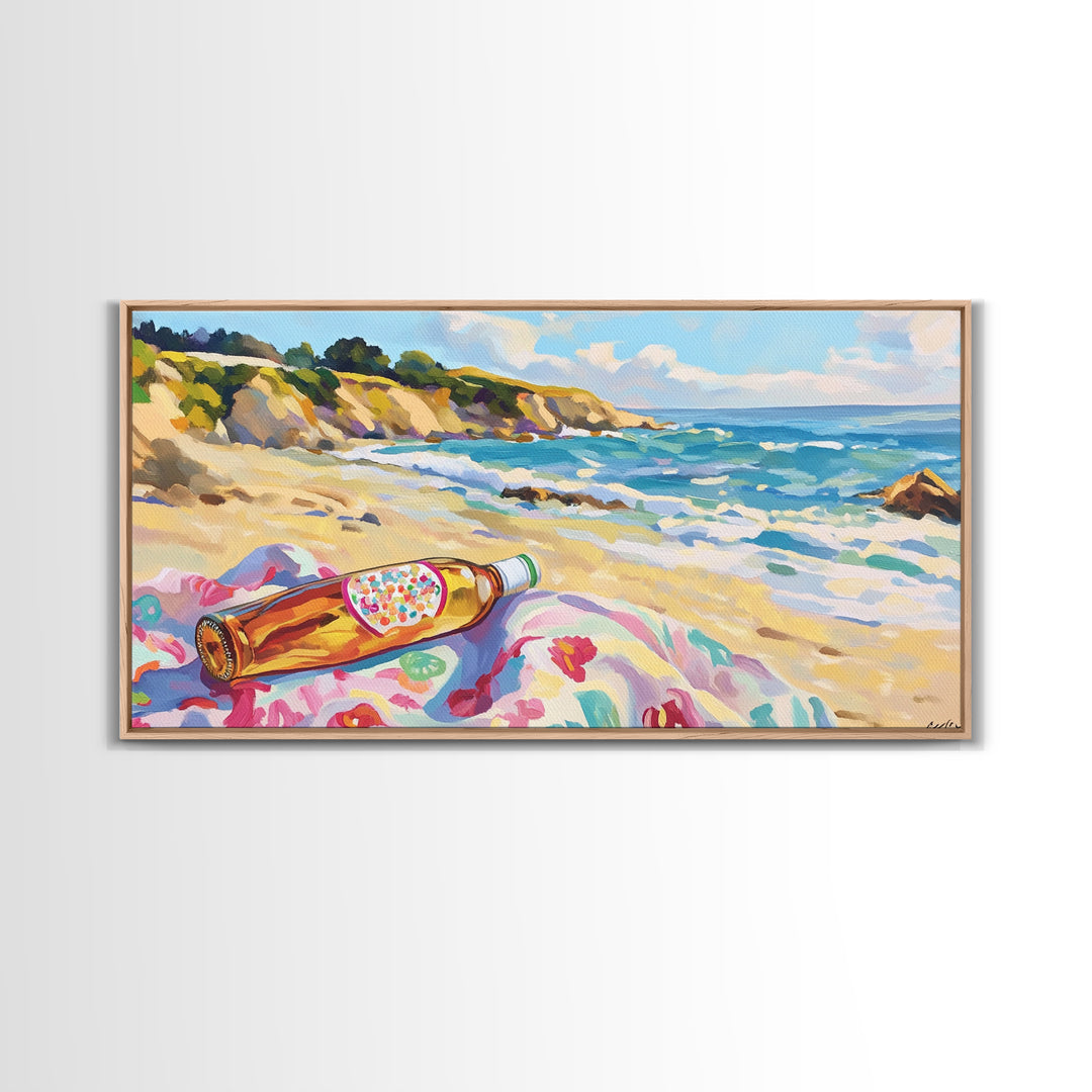 Beach Bottle On Towel Coastal Beach Canvas Print, Ocean Wall Art, Beach House Decor, Nautical Wall Decor, Summer Gift For Her