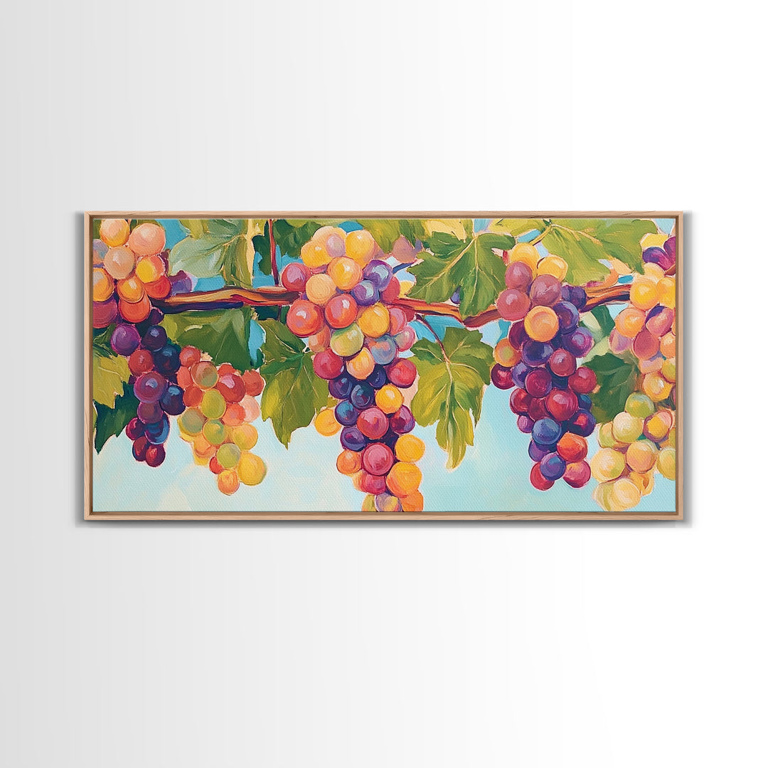Sunlit Grape Clusters On Vine Framed Canvas Print, Vineyard Wall Art, Winery Decor, Colorful Kitchen Art, Wine Lover Gift