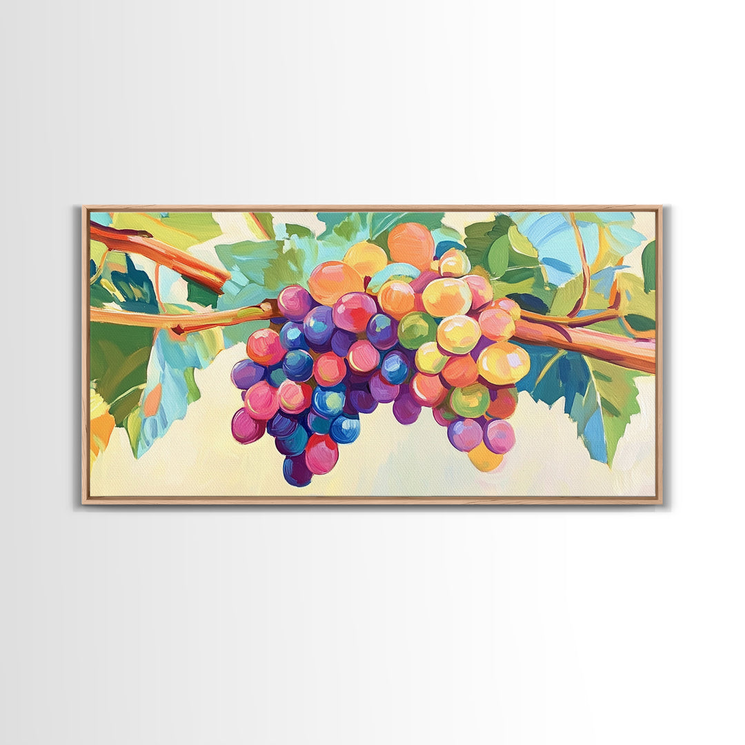 Bright Grape Bunches And Green Leaves Canvas Print, Vineyard Wall Art, Wine Kitchen Decor, Colorful Fruit Art, Winery Gift