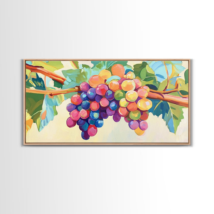 Bright Grape Bunches And Green Leaves Canvas Print, Vineyard Wall Art, Wine Kitchen Decor, Colorful Fruit Art, Winery Gift
