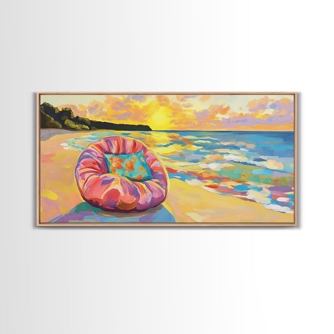 Sunset Beach Chair And Ocean Waves Wall Art, Coastal Canvas Print, Beach House Decor, Tropical Home Decor, Summer Wall Art