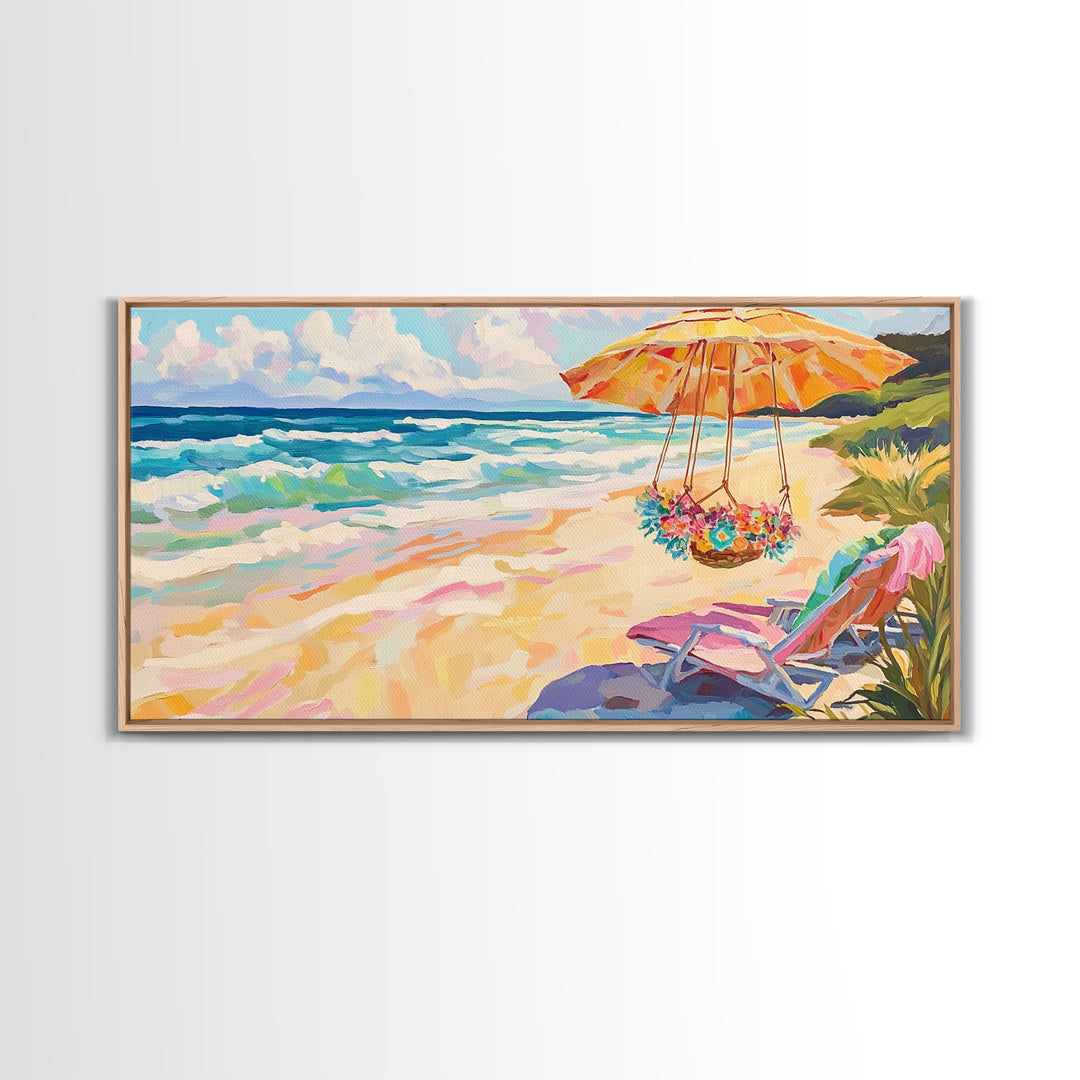 Sunny Beach Umbrella And Chair Framed Canvas Print, Coastal Wall Art, Ocean Decor, Beach House Living Room Art Gift, Summer Seascape
