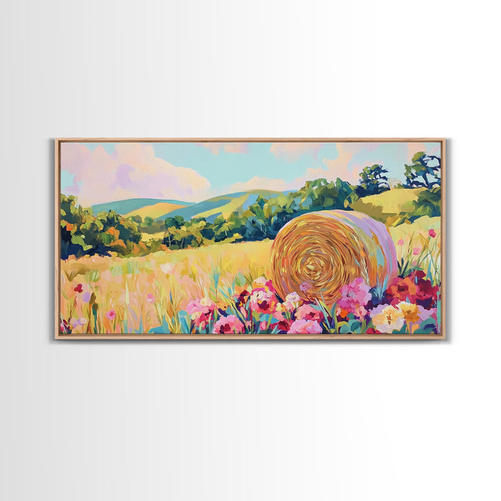 Golden Hay Bale Wildflower Meadow Canvas Print, Country Landscape Wall Art, Farmhouse Decor, Rustic Living Room Art Gift