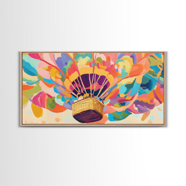 Rainbow Hot Air Balloon Canvas Print, Whimsical Nursery Wall Art, Colorful Dopamine Decor, Kids Room Fantasy Art Gift, Baby Shower