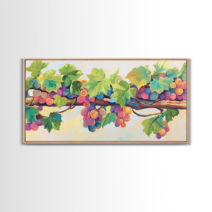 Sunlit Grapes And Green Vine Wall Art, Vineyard Canvas Print, Colorful Kitchen Decor, Rustic Farmhouse Dining Room Prints