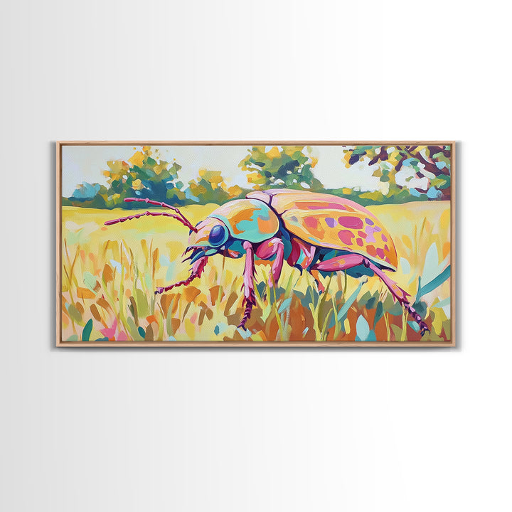 Iridescent Beetle In Golden Meadow Framed Canvas Print, Colorful Insect Wall Art, Nature Inspired Decor, Nature Lover Gift